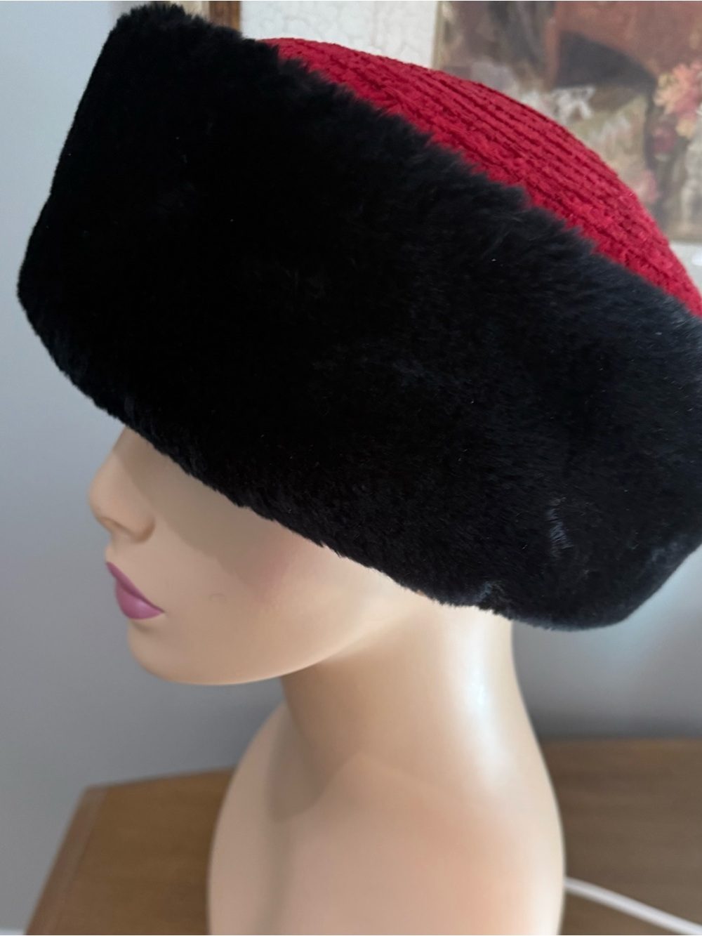 NEW Faux Fur Trim Red and Black Winter Hat